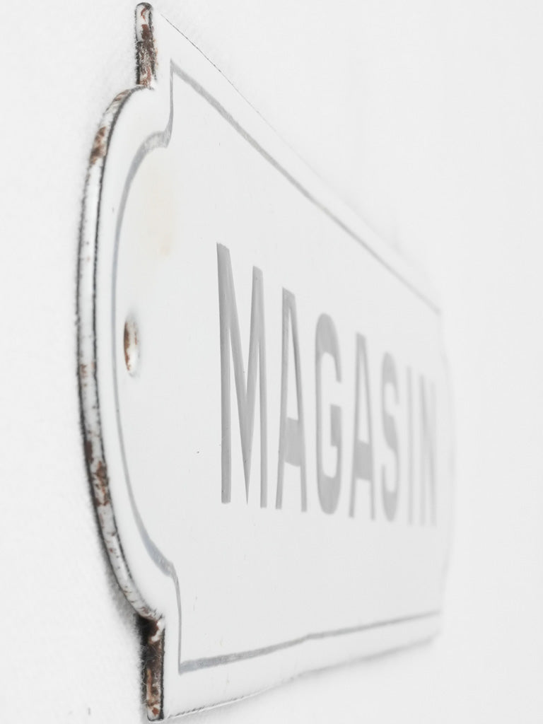 Antique French enamel shop sign 'Magasin' - 3¼" x 13¾"