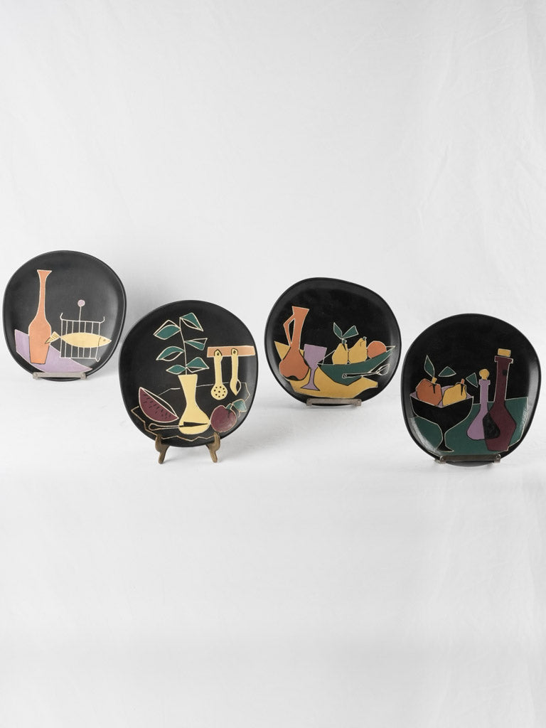 3 freeform black plates w/ still life - Giraud Vallauris - 10¾"