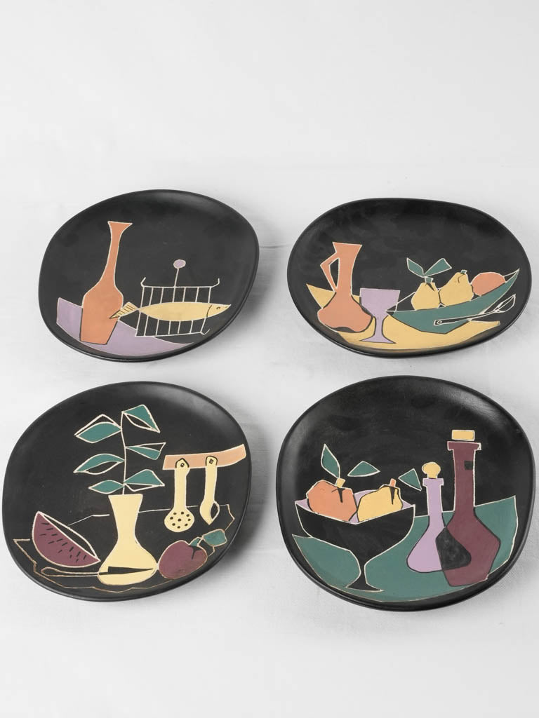 3 freeform black plates w/ still life - Giraud Vallauris - 10¾"