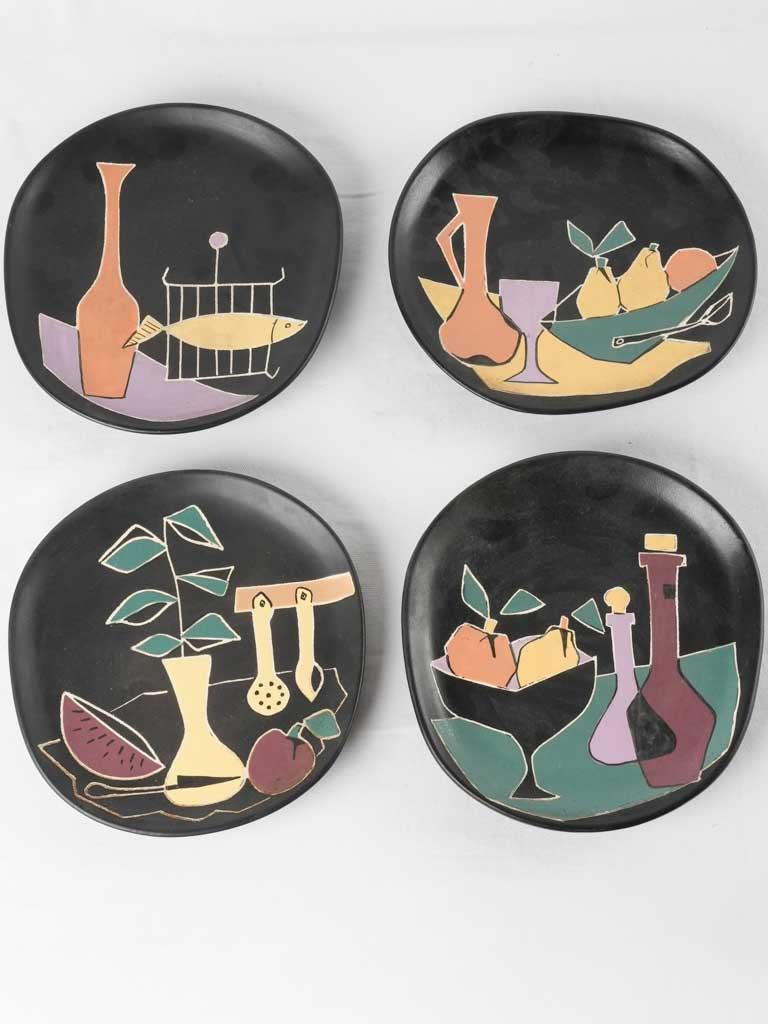 3 freeform black plates w/ still life - Giraud Vallauris - 10¾"