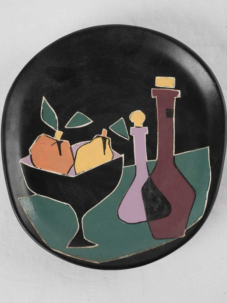 3 freeform black plates w/ still life - Giraud Vallauris - 10¾"