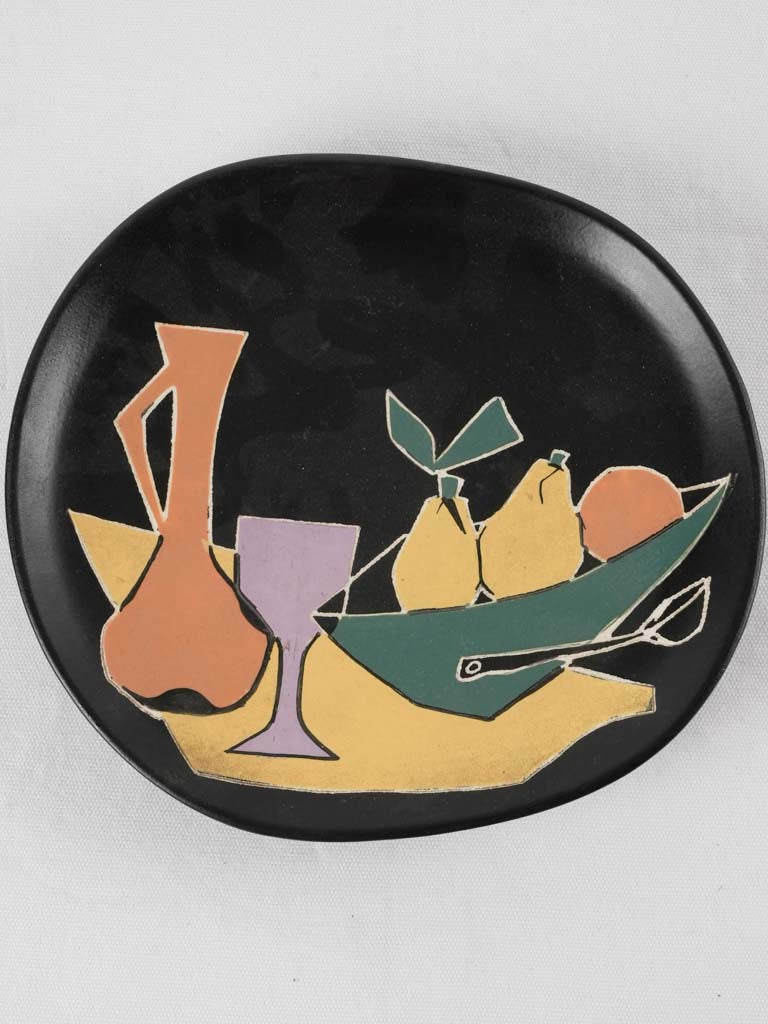 3 freeform black plates w/ still life - Giraud Vallauris - 10¾"