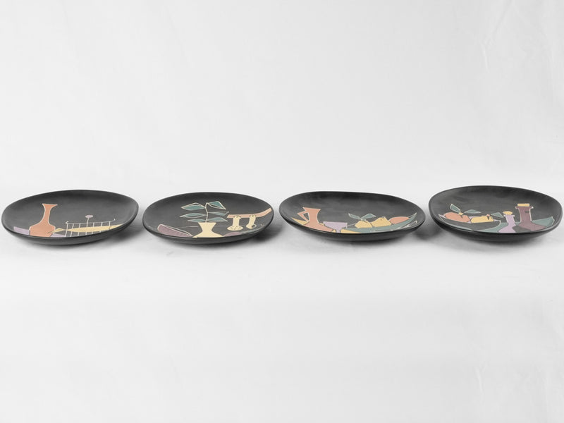 3 freeform black plates w/ still life - Giraud Vallauris - 10¾"