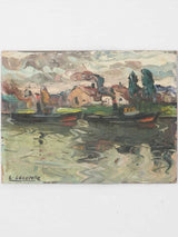 Small landscape painting - village on a river 7" x 9½"
