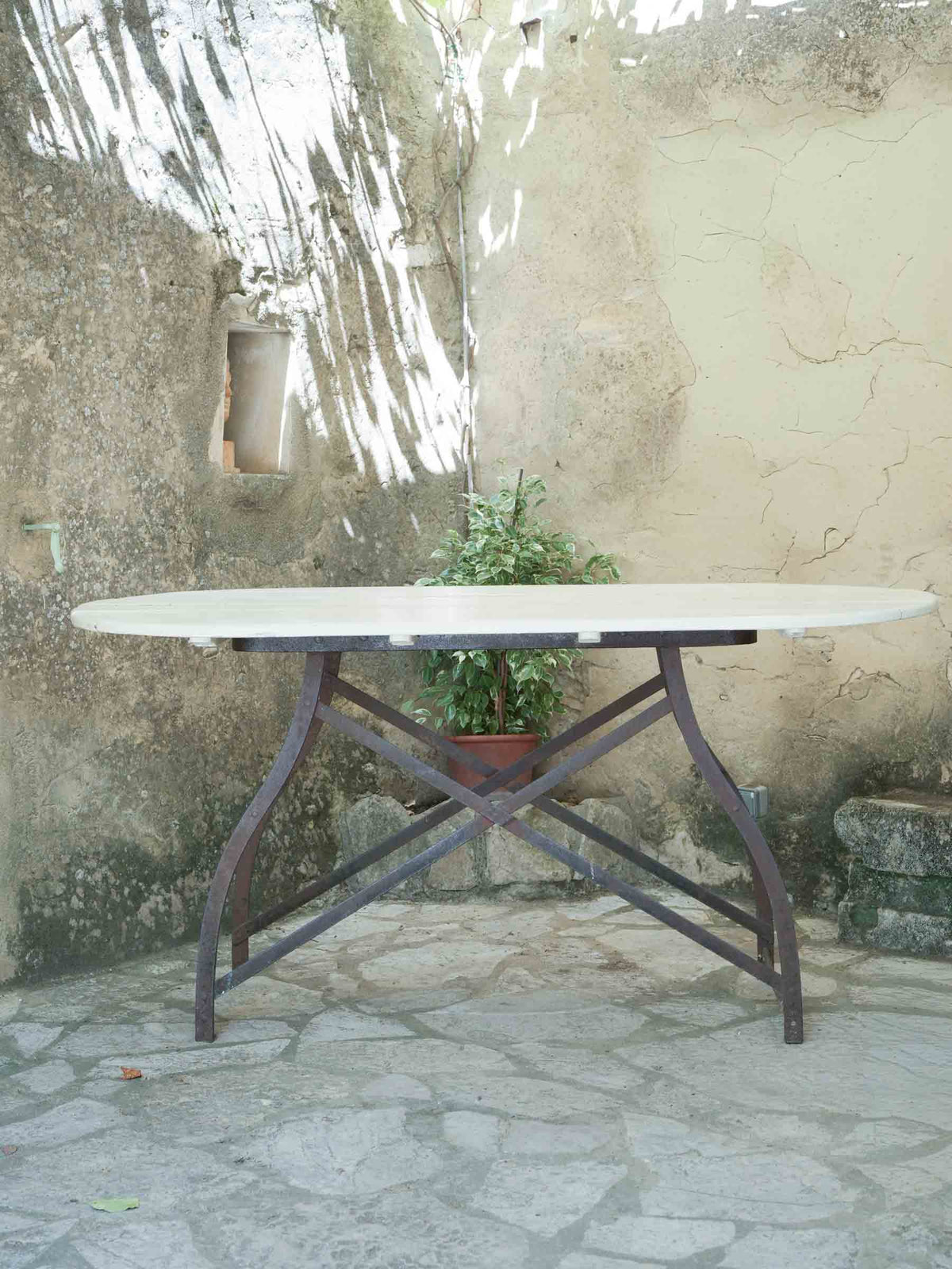 High Oval Garden Table w/ Painted Timber Top