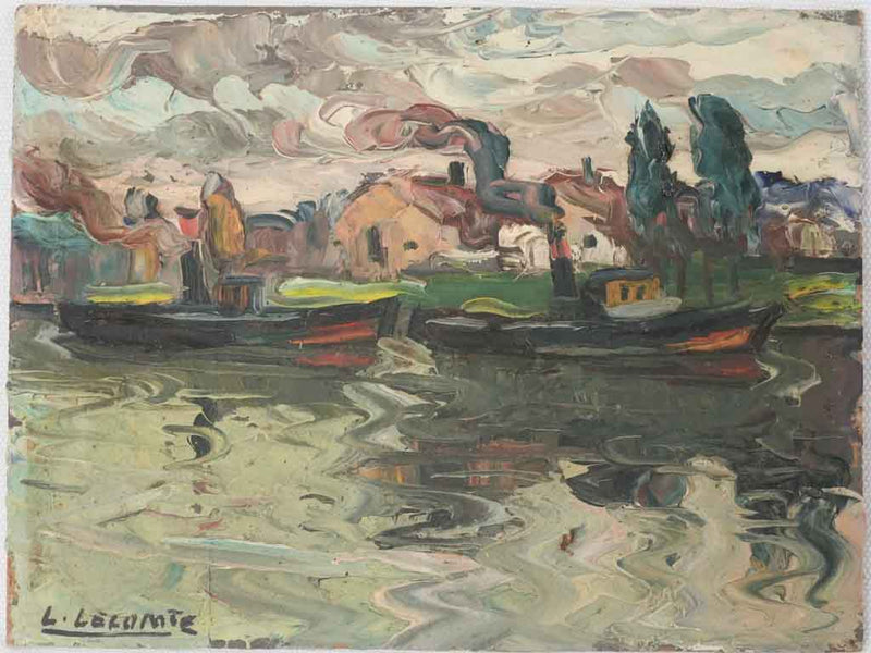 Small landscape painting - village on a river 7" x 9½"