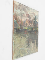 Small landscape painting - village on a river 7" x 9½"