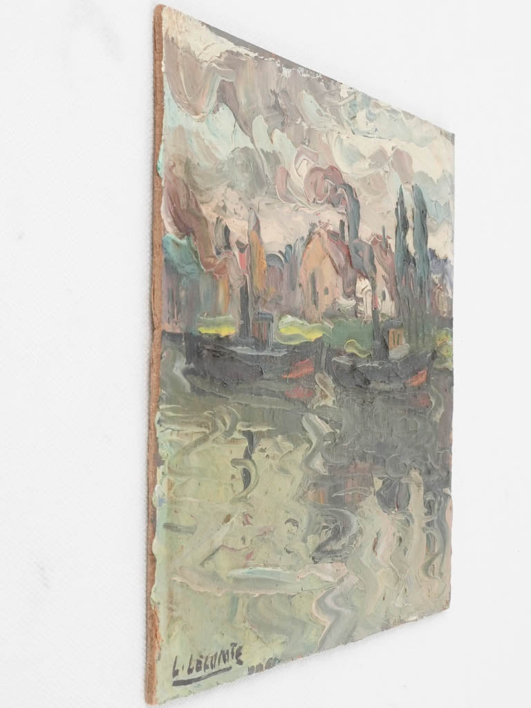 Small landscape painting - village on a river 7" x 9½"