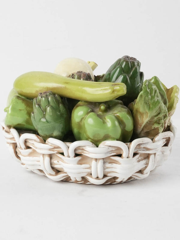 Ceramic vegetable basket sculpture - green & white 9½"