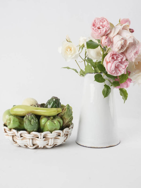 Ceramic vegetable basket sculpture - green & white 9½"