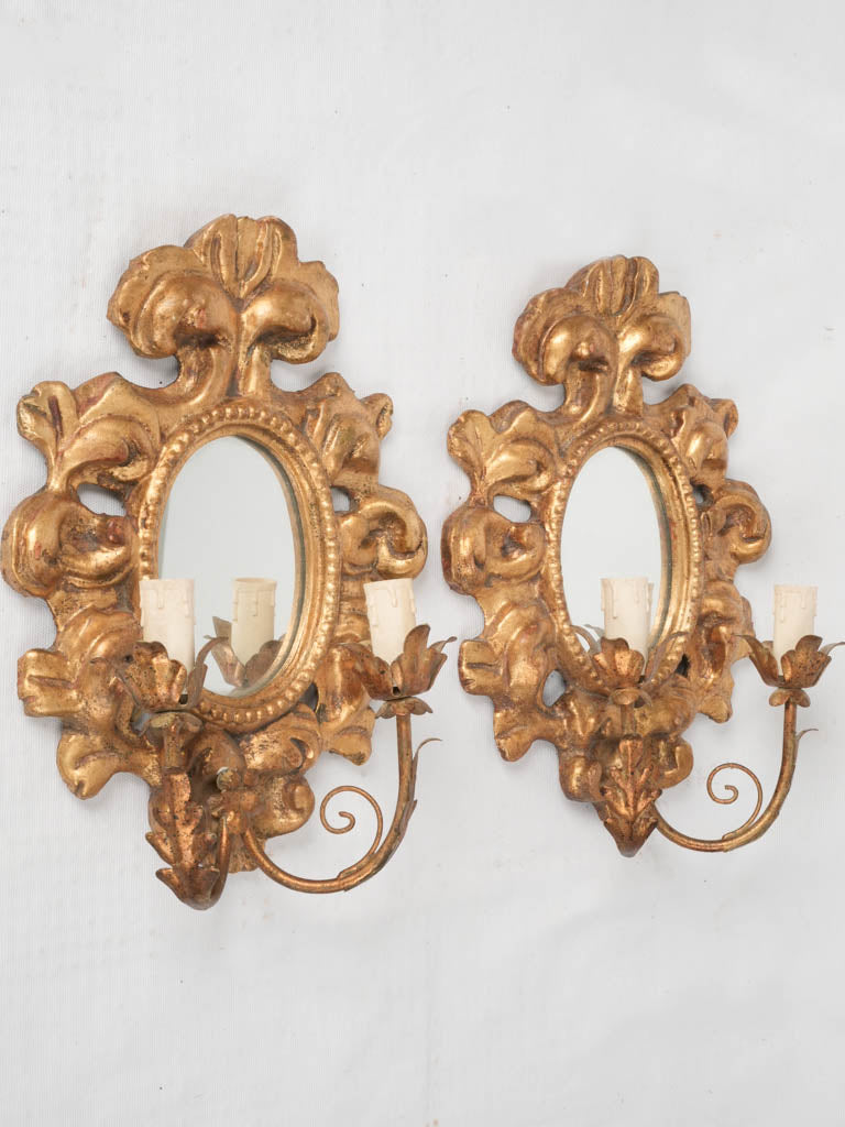 Pair of Italian gilded mirror sconces w/ 2 lights 14½"