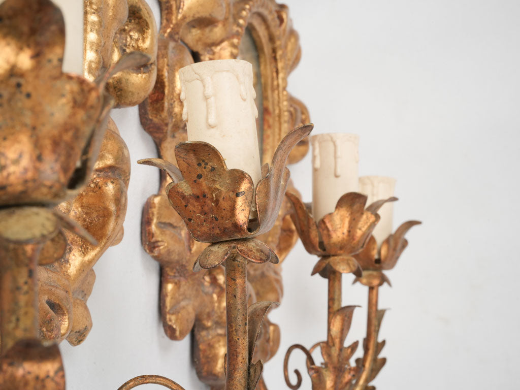 Pair of Italian gilded mirror sconces w/ 2 lights 14½"