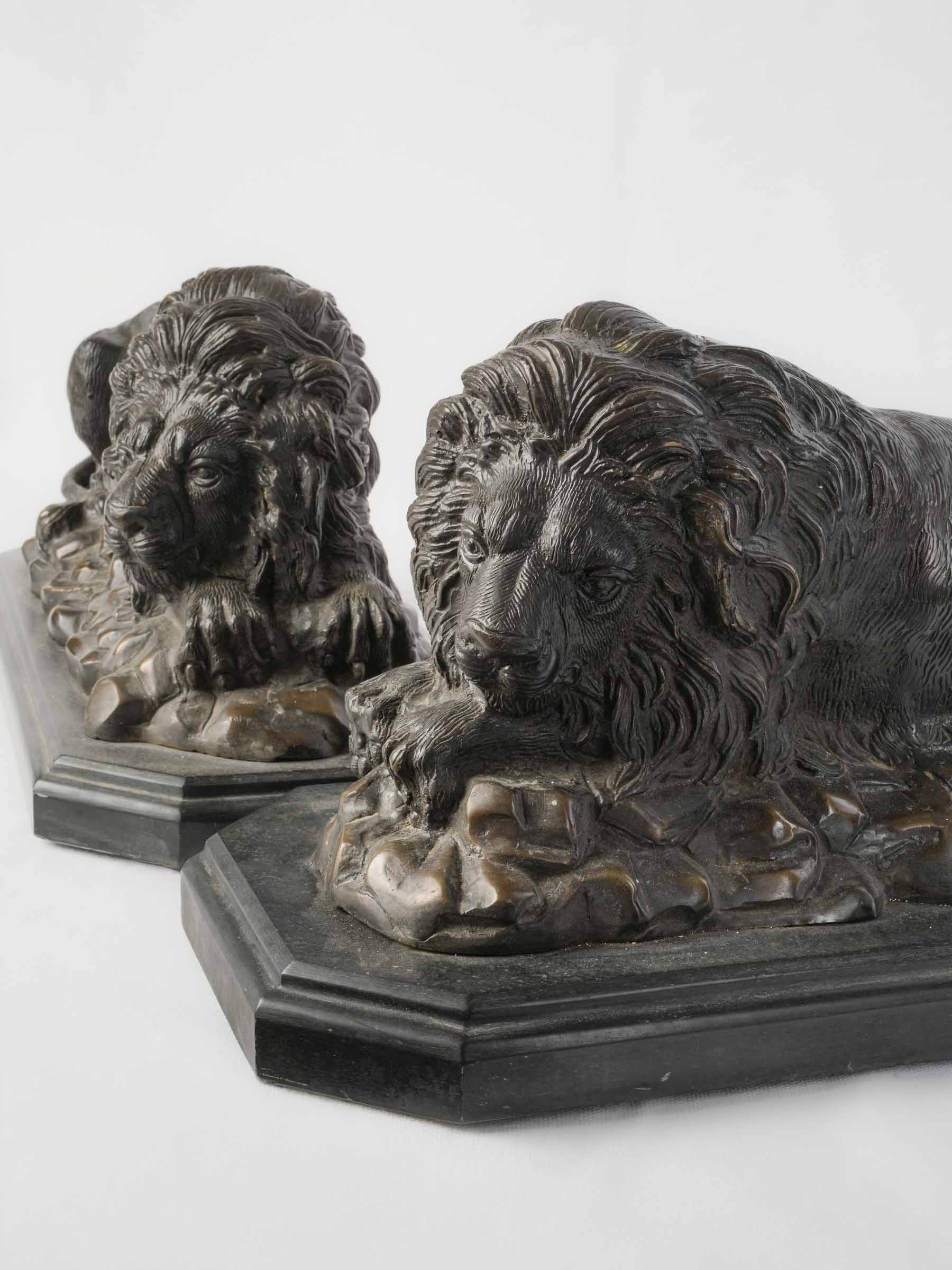Pair of French Animalier Recumbent Lions in Patinated Bronze, Late 19th Century - 20½"