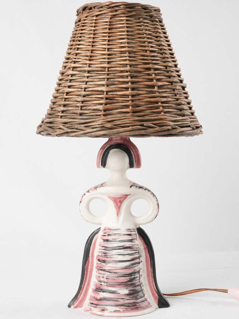Vintage table lamp - sculpture of a lady w/ wicker lampshade - Colette Gueden (1905 - 2000) - 16½"