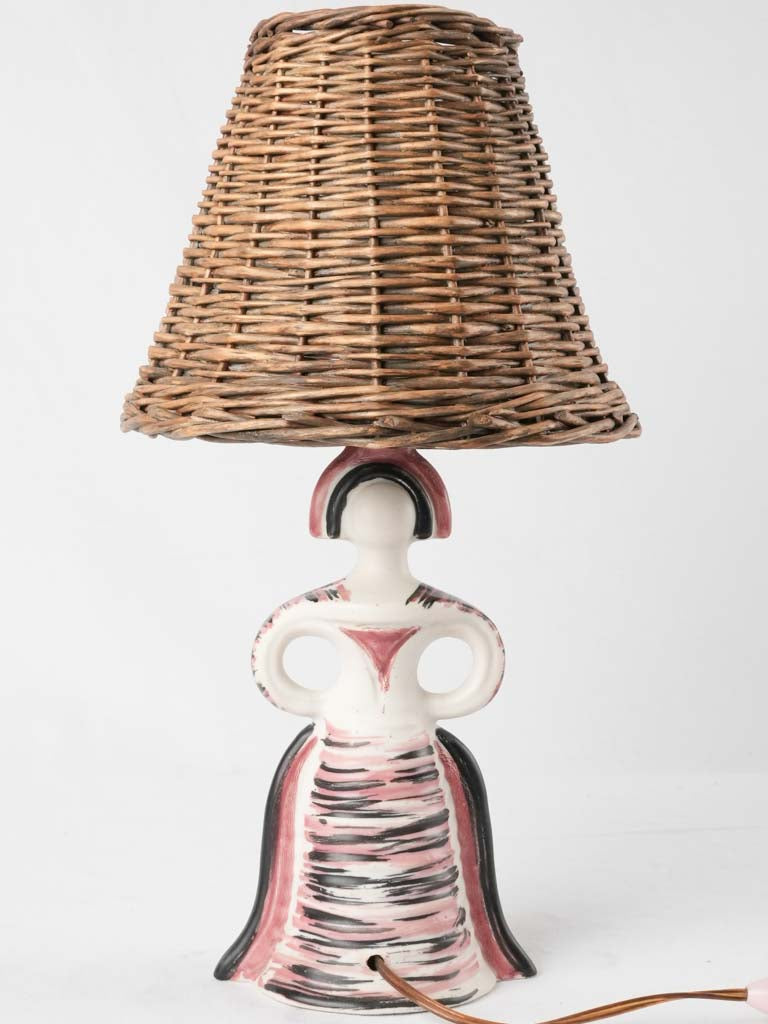 Vintage table lamp - sculpture of a lady w/ wicker lampshade - Colette Gueden (1905 - 2000) - 16½"