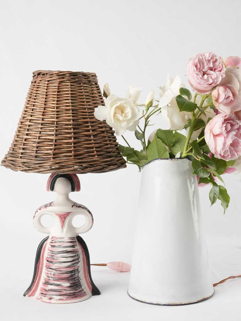 Vintage table lamp - sculpture of a lady w/ wicker lampshade - Colette Gueden (1905 - 2000) - 16½"