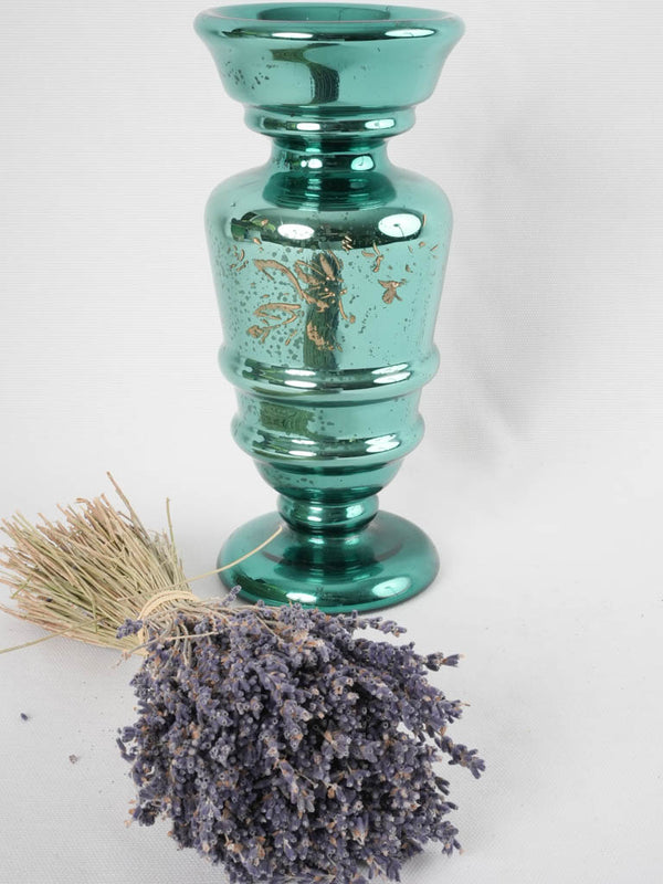 Antique viridian green mercury glass vase 10¾"