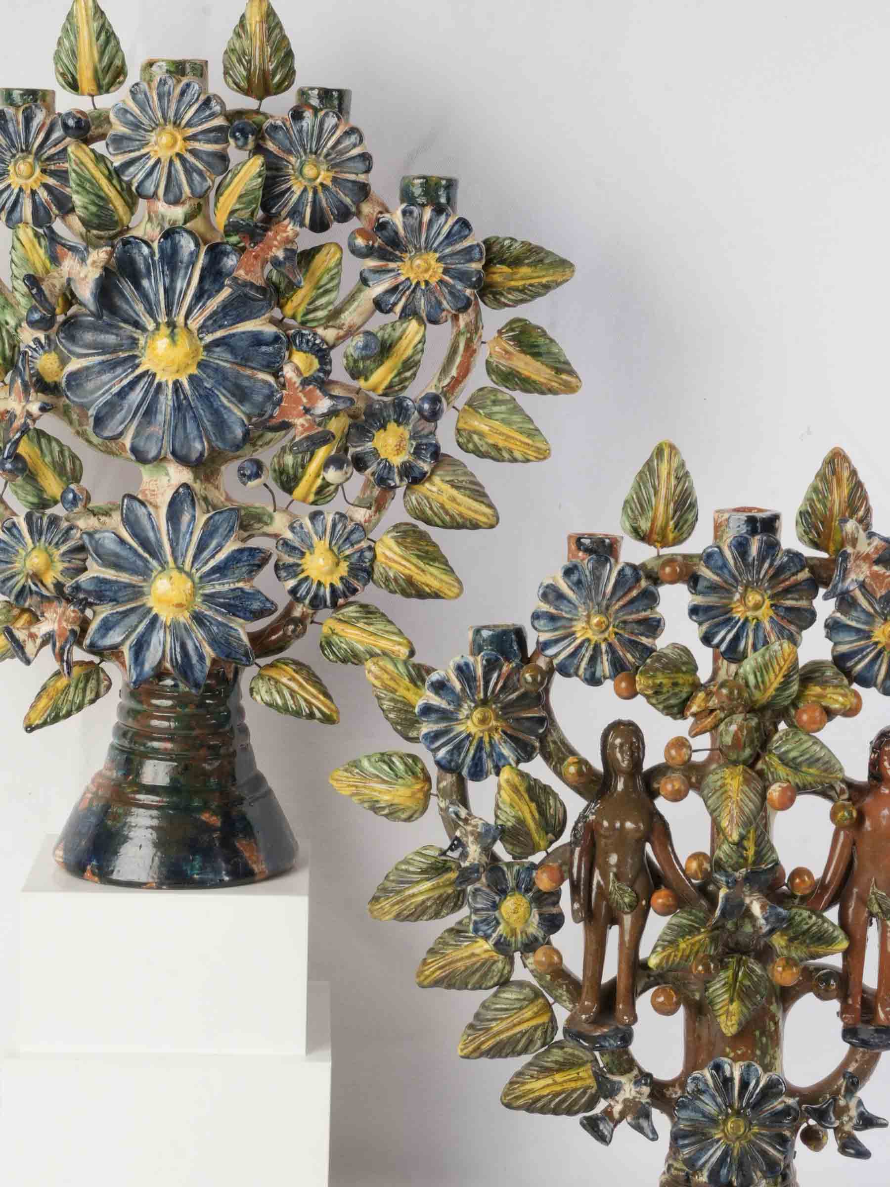 Vibrant Pair of Mexican Folk Art Tree of Life Earthenware Candelabra, Mid 20th Century - 22½" x 20¾"
