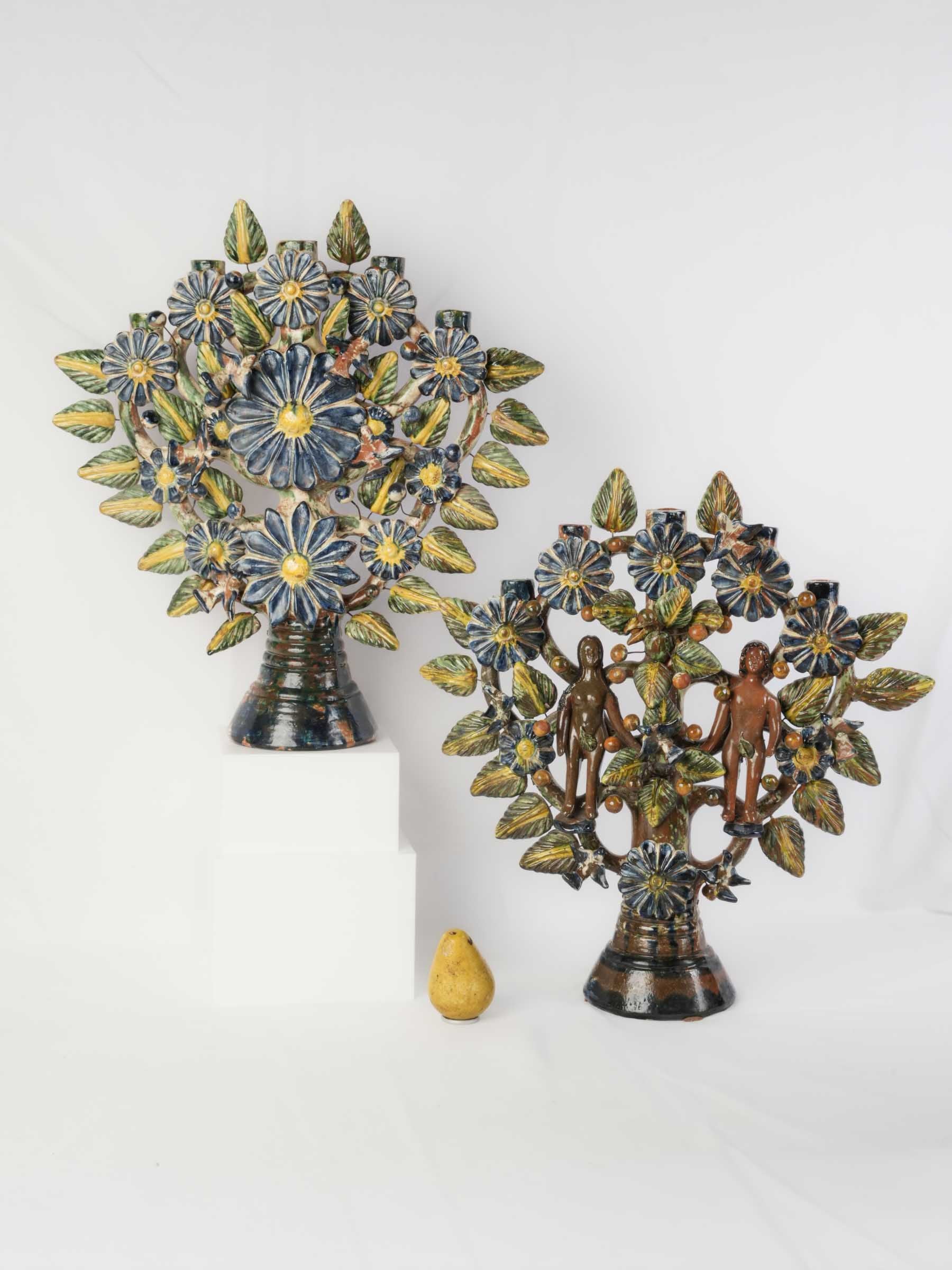 Vibrant Pair of Mexican Folk Art Tree of Life Earthenware Candelabra, Mid 20th Century - 22½" x 20¾"