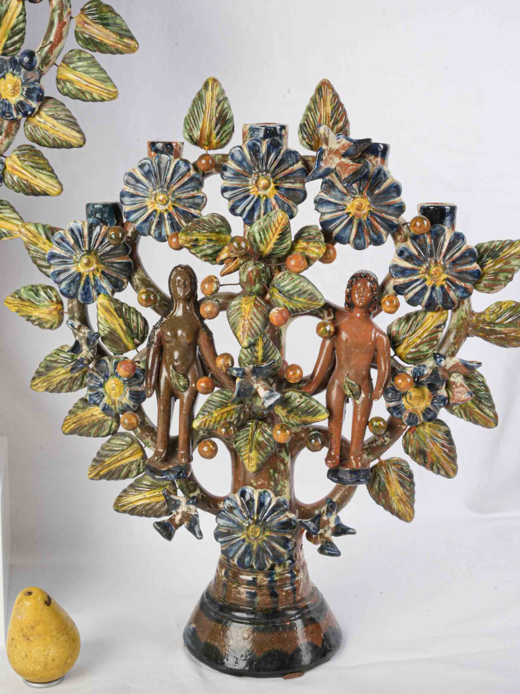 Vibrant Pair of Mexican Folk Art Tree of Life Earthenware Candelabra, Mid 20th Century - 22½" x 20¾"