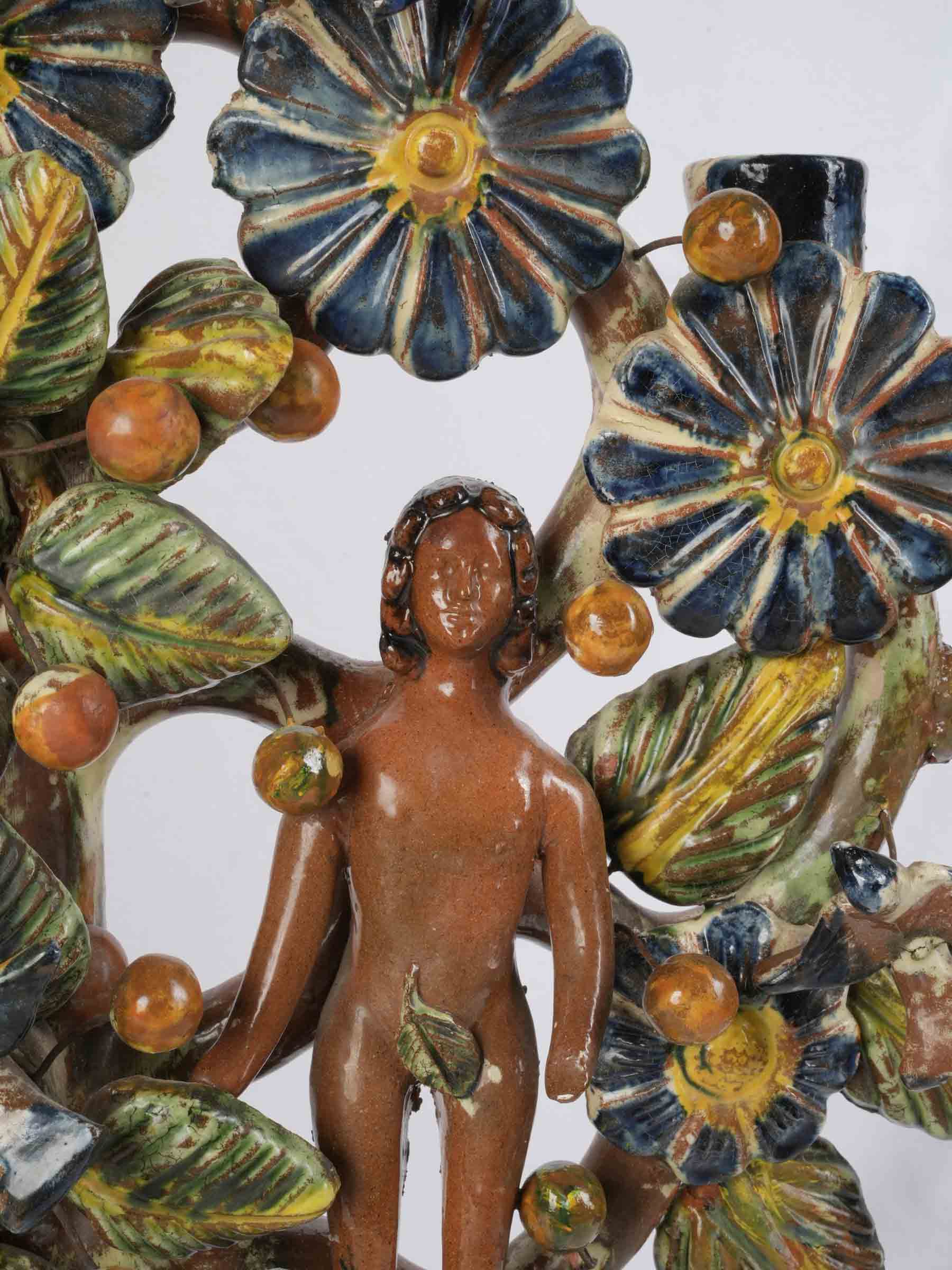 Vibrant Pair of Mexican Folk Art Tree of Life Earthenware Candelabra, Mid 20th Century - 22½" x 20¾"