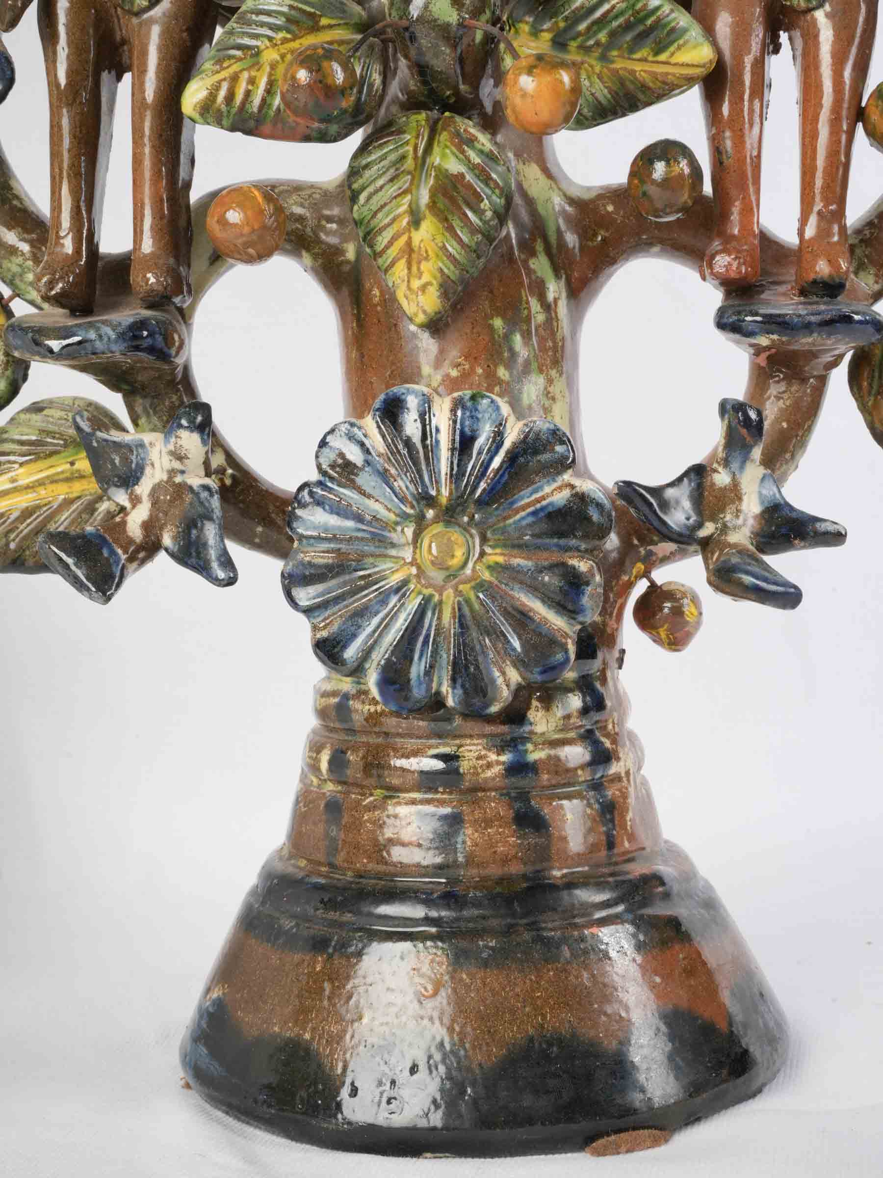 Vibrant Pair of Mexican Folk Art Tree of Life Earthenware Candelabra, Mid 20th Century - 22½" x 20¾"