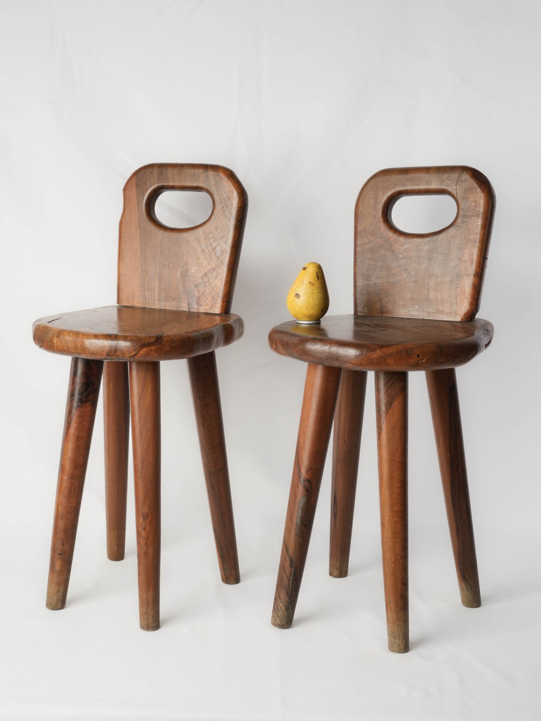 Pair of Brutalist-Inspired Olive Wood Chairs, 1950s-1960s - 28"
