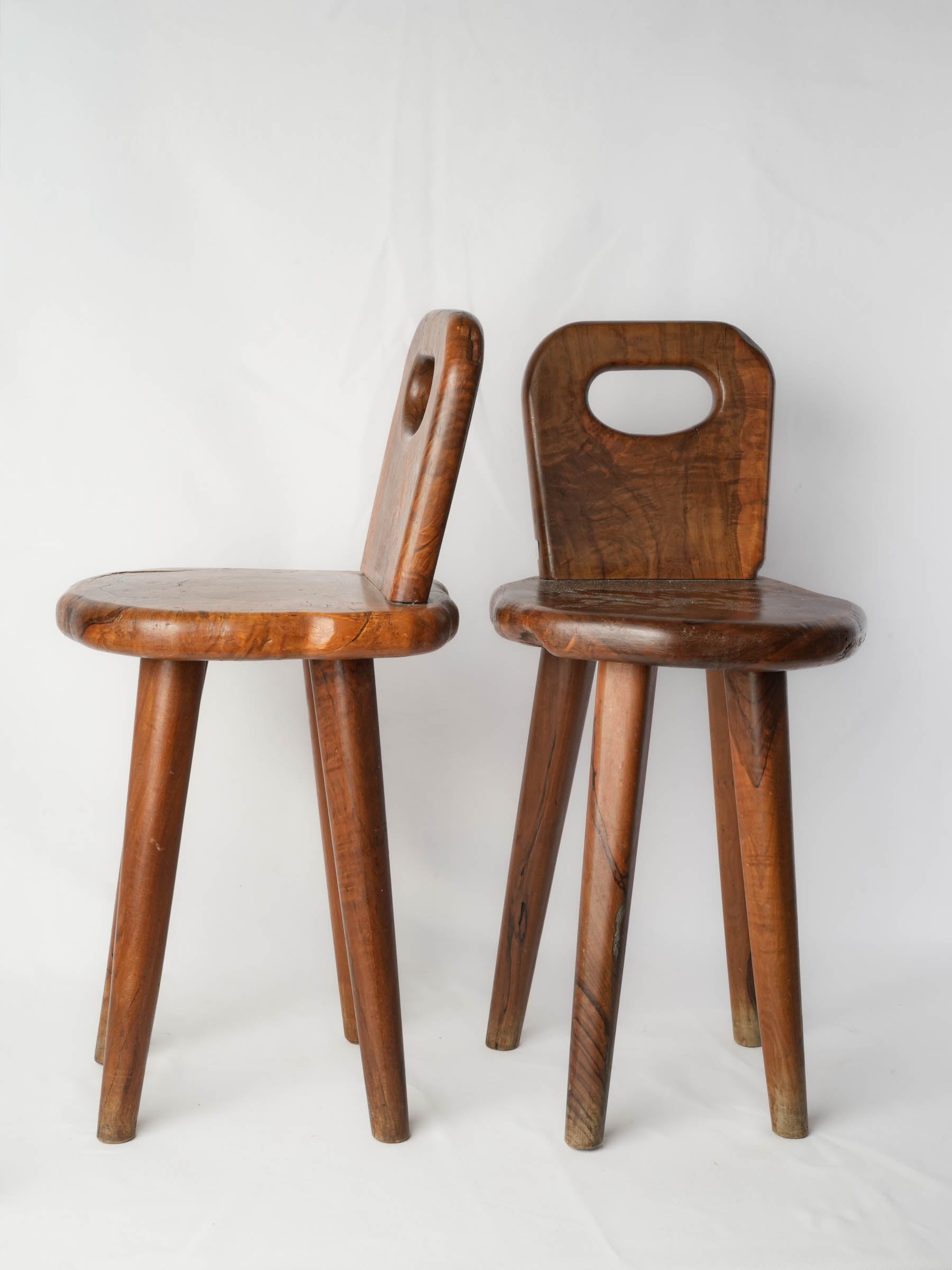 Pair of Brutalist-Inspired Olive Wood Chairs, 1950s-1960s - 28"