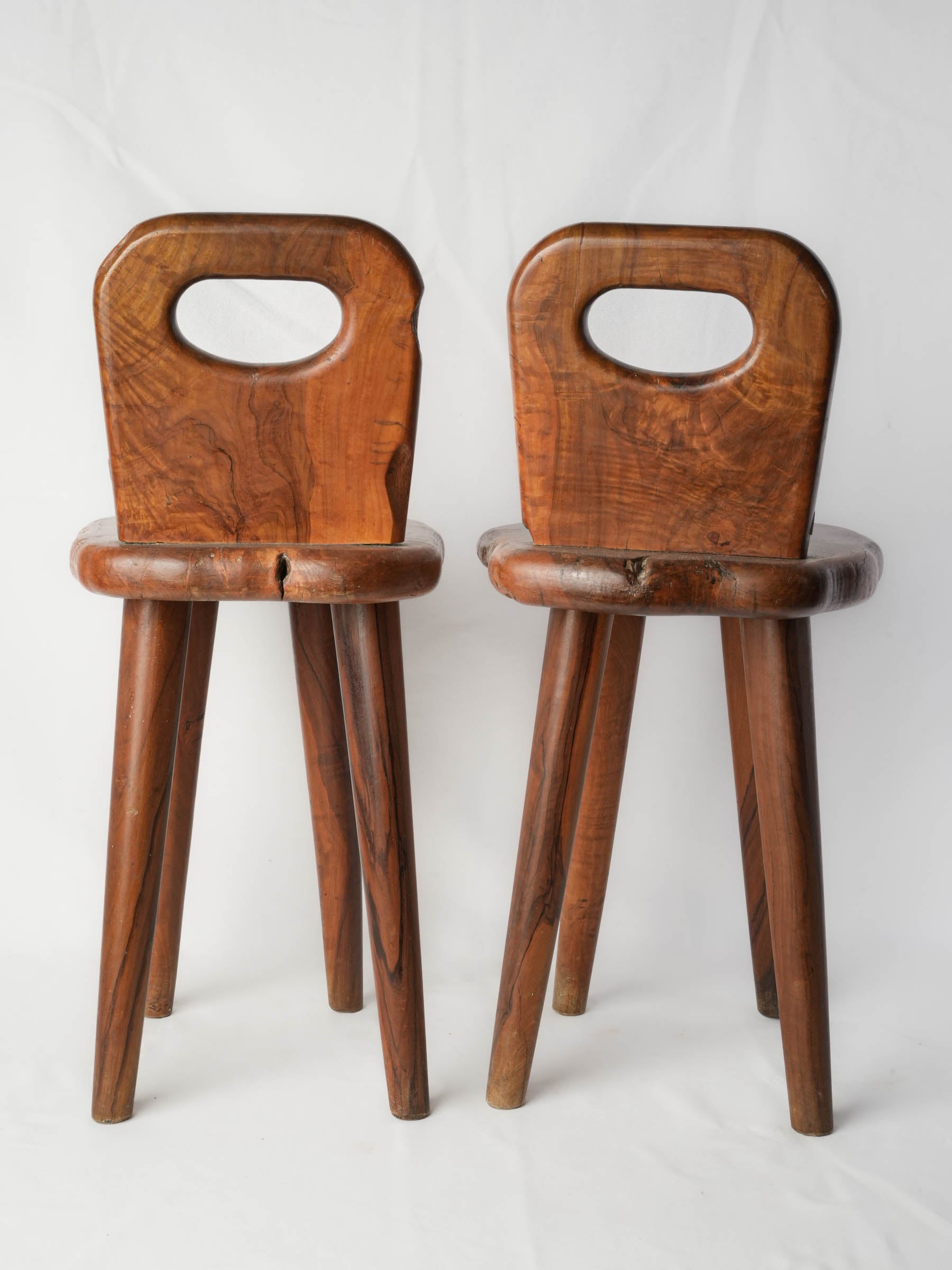 Pair of Brutalist-Inspired Olive Wood Chairs, 1950s-1960s - 28"