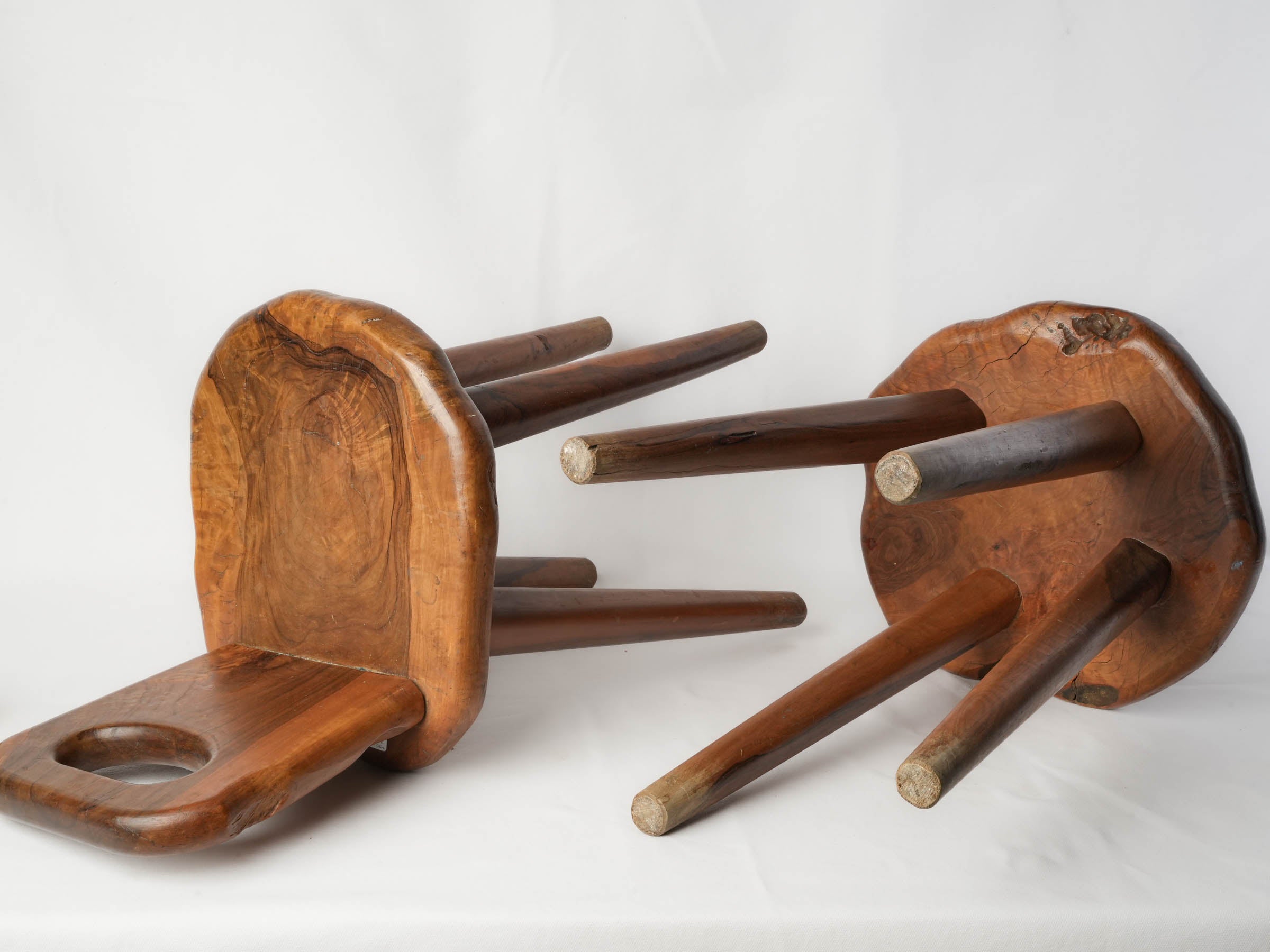 Pair of Brutalist-Inspired Olive Wood Chairs, 1950s-1960s - 28"