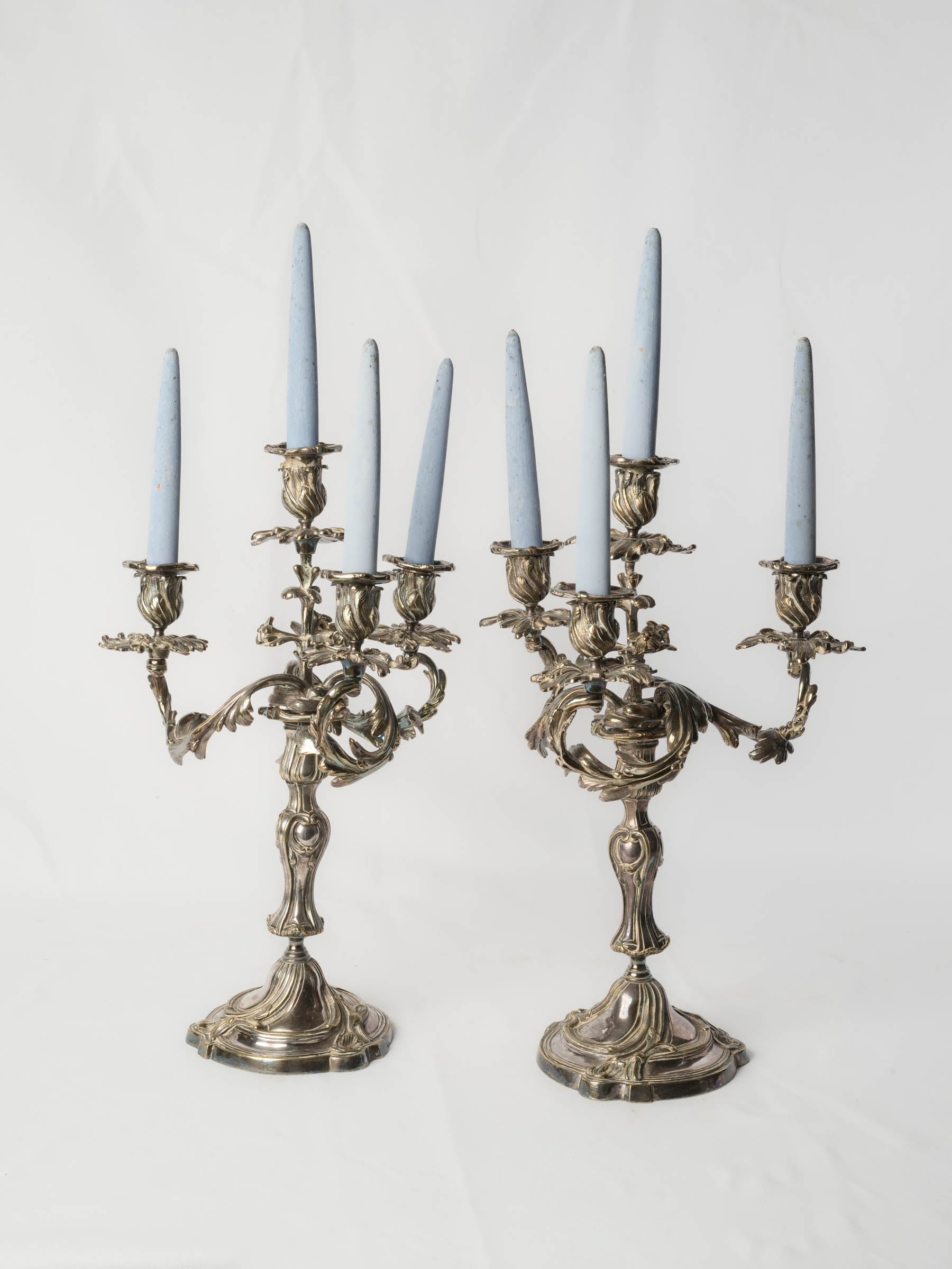 Pair of Sculptural French Rococo Silver-Plated Four-Light Candelabra, Early 20th Century - 18½"