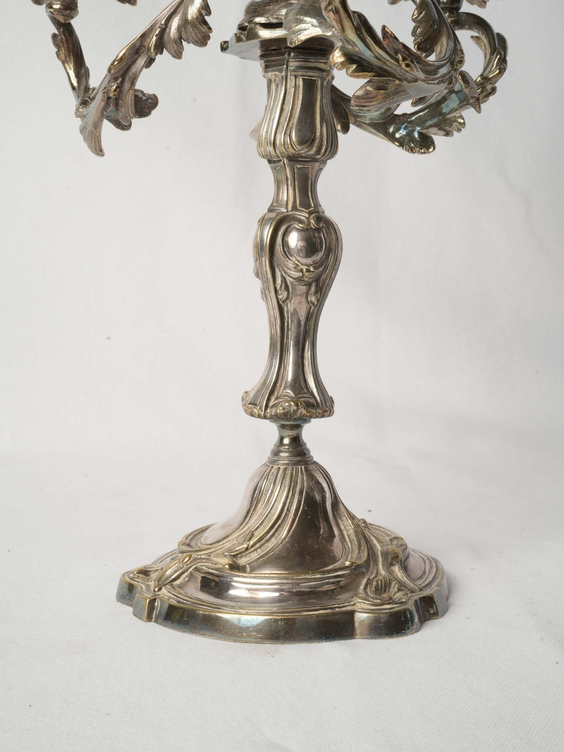 Pair of Sculptural French Rococo Silver-Plated Four-Light Candelabra, Early 20th Century - 18½"