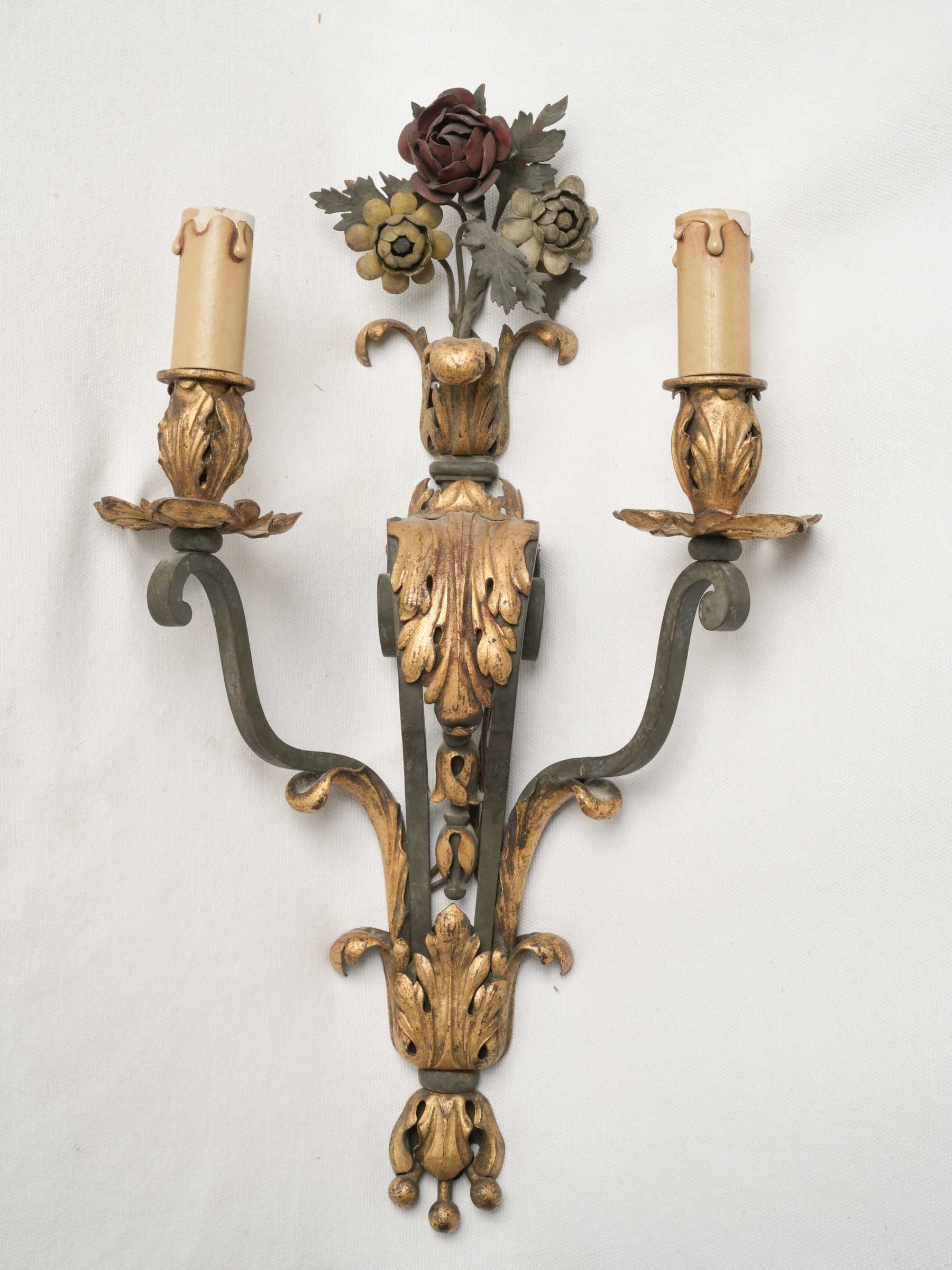 Set of Four French Two-Light Wrought Iron Wall Sconces w/ Bouquets -1940s - 17¾"x 10¼"