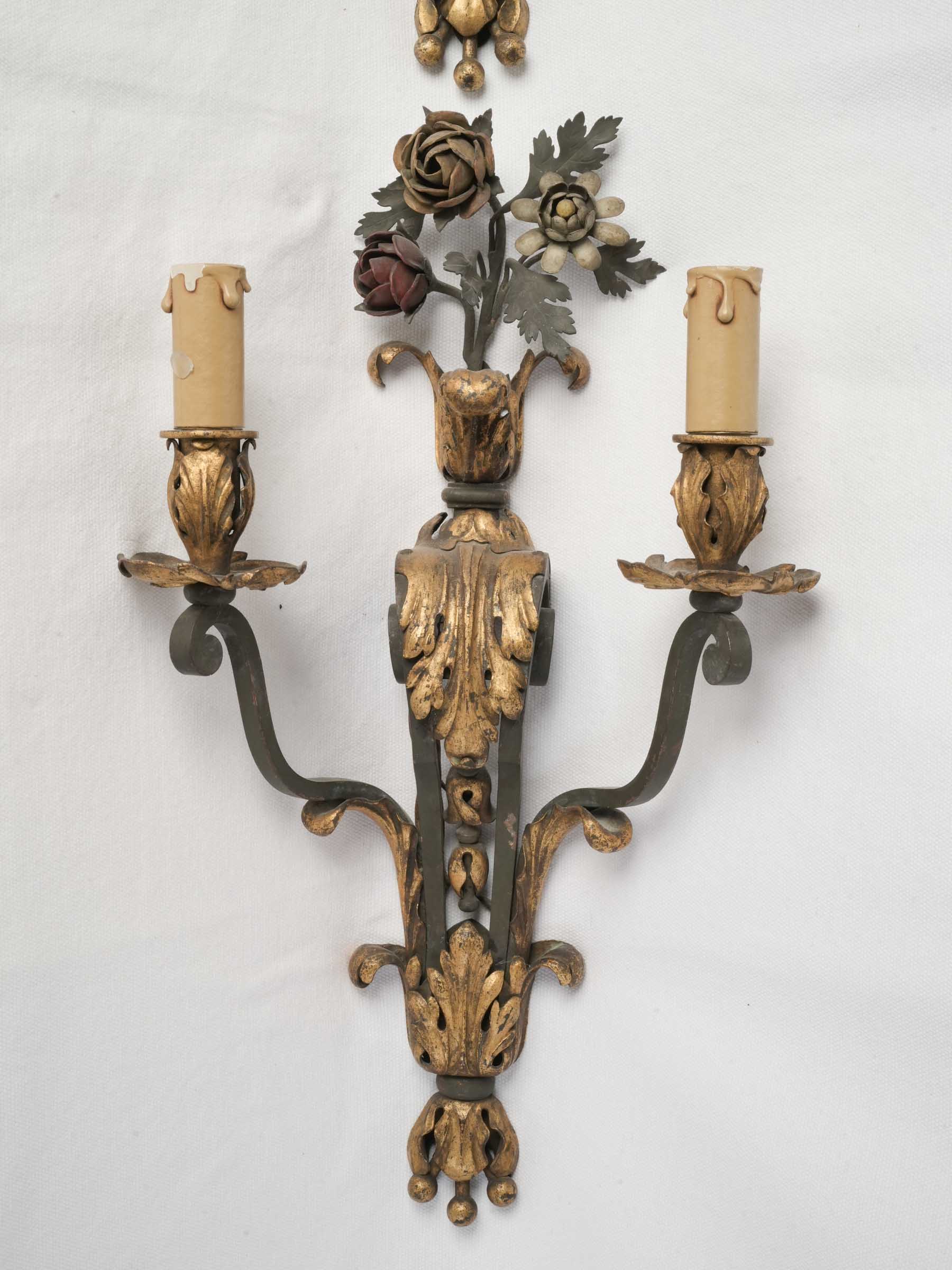 Set of Four French Two-Light Wrought Iron Wall Sconces w/ Bouquets -1940s - 17¾"x 10¼"