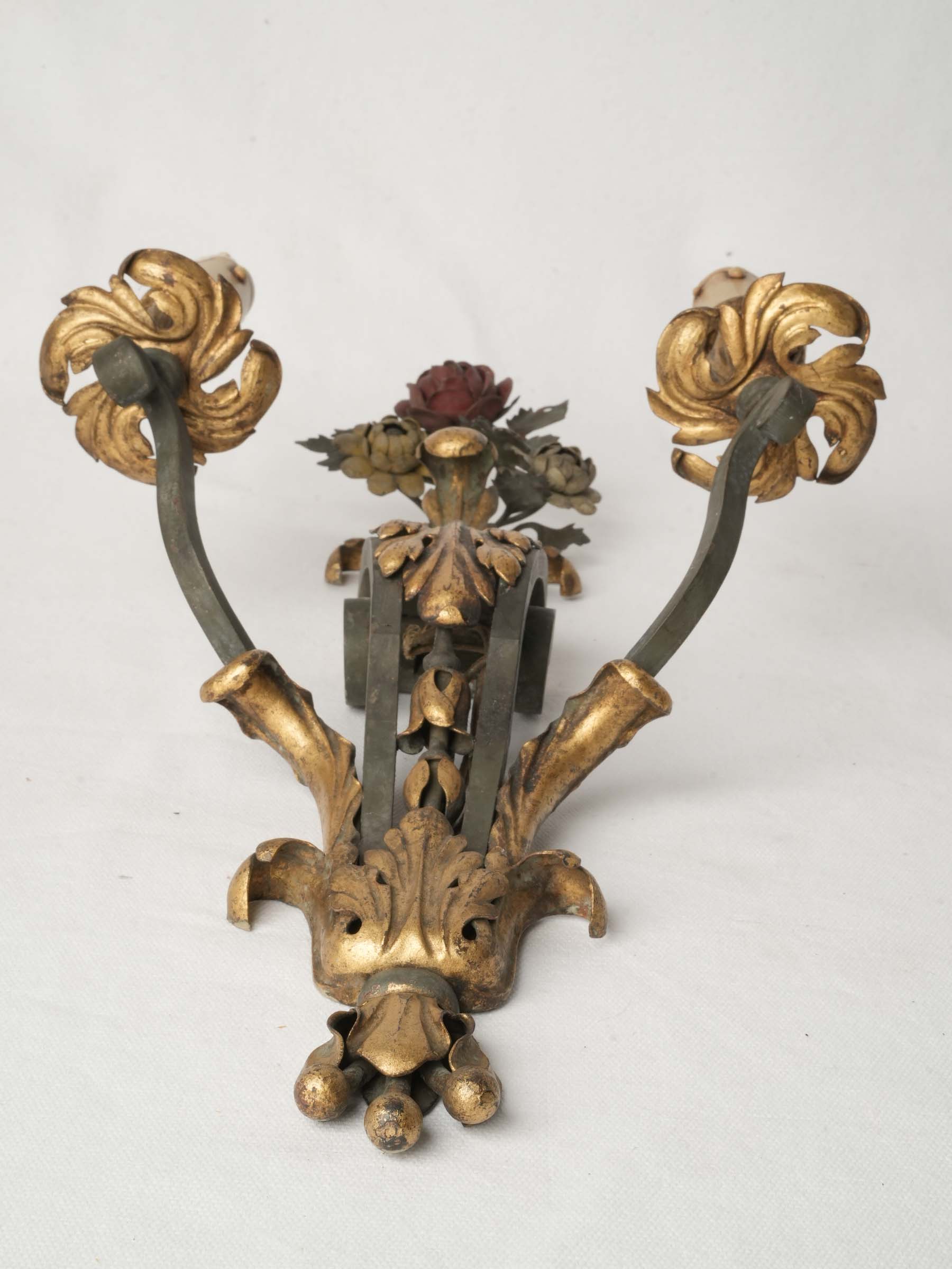 Set of Four French Two-Light Wrought Iron Wall Sconces w/ Bouquets -1940s - 17¾"x 10¼"