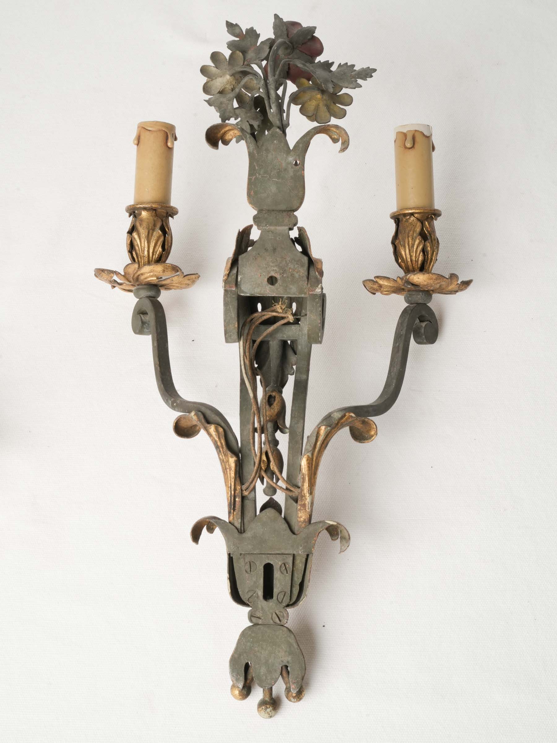 Set of Four French Two-Light Wrought Iron Wall Sconces w/ Bouquets -1940s - 17¾"x 10¼"