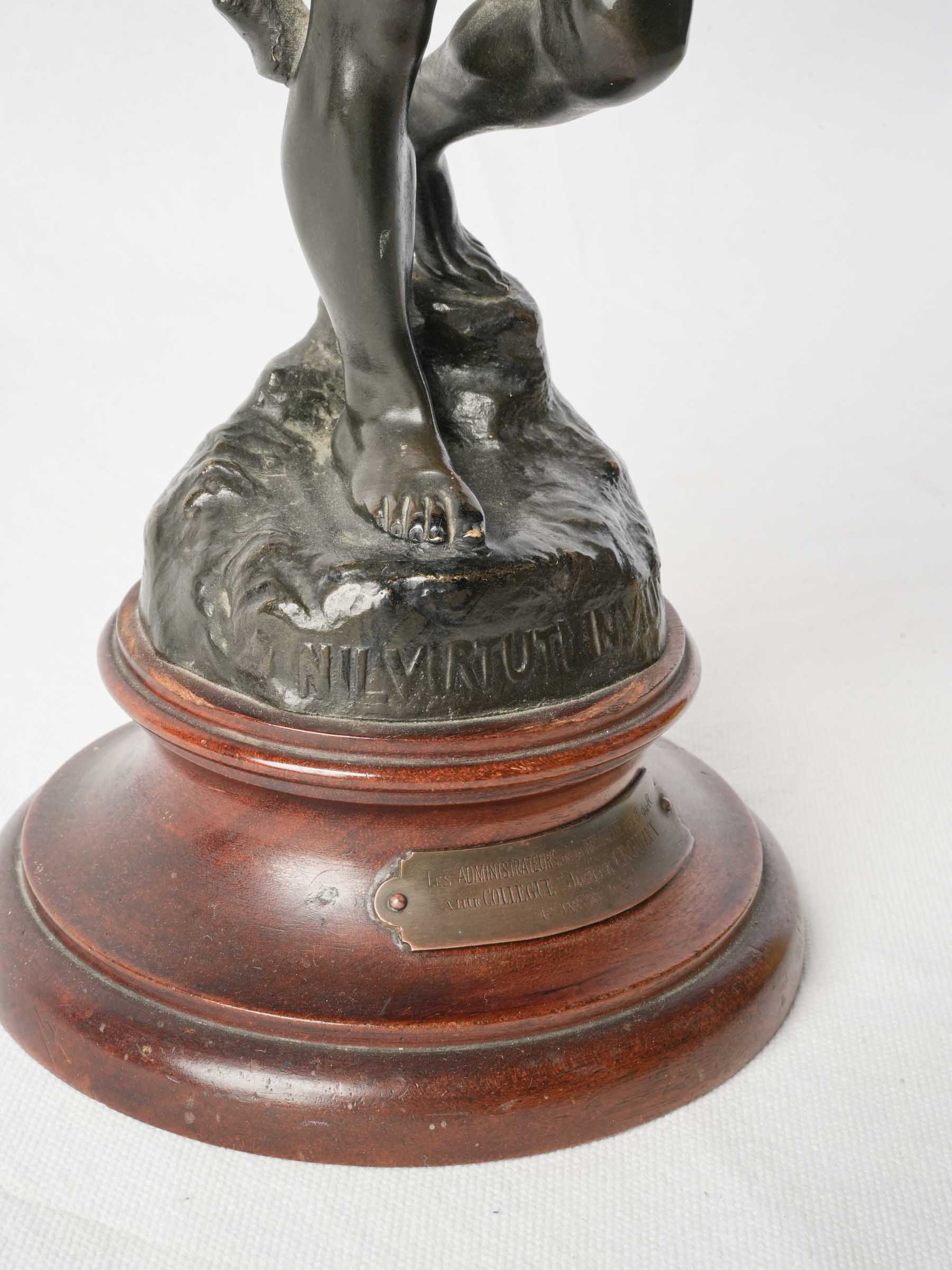 Black-Patinated Bronze Allegorical Figure Nil Virtuti Invium by Henri Gauquié dated 1929 - 15¼"