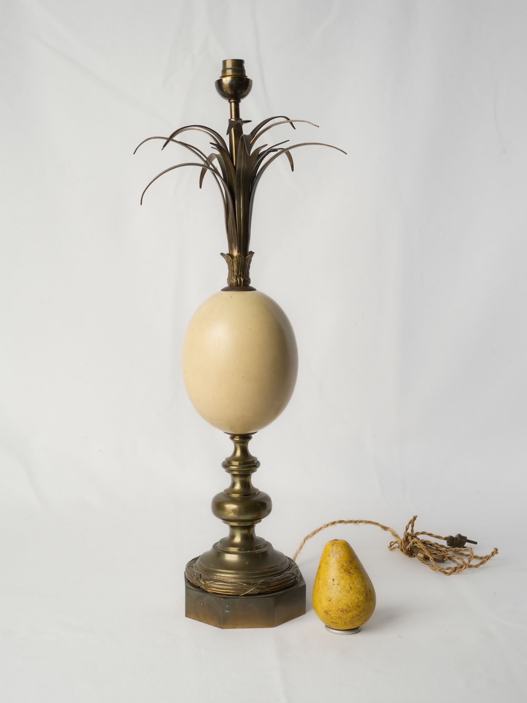 French Gilt-Bronze Palm Tree Table Lamp w/ Central Egg Form, Att. to Maison Charles c. 1960s - 23¾"