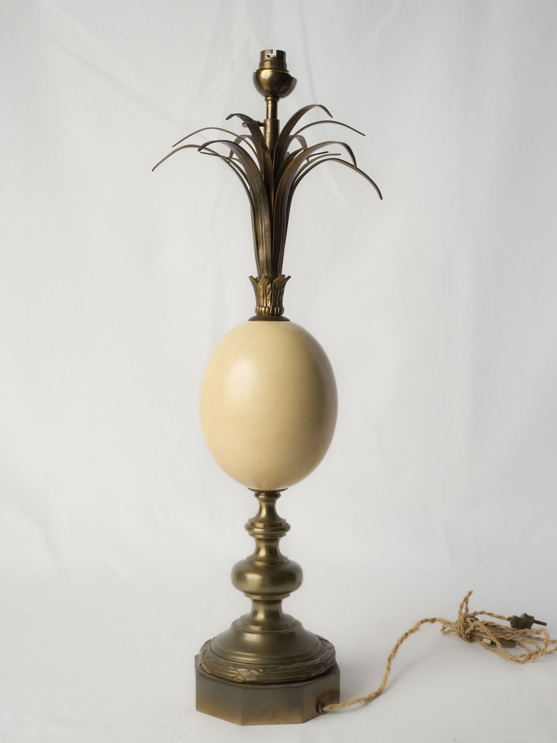 French Gilt-Bronze Palm Tree Table Lamp w/ Central Egg Form, Att. to Maison Charles c. 1960s - 23¾"