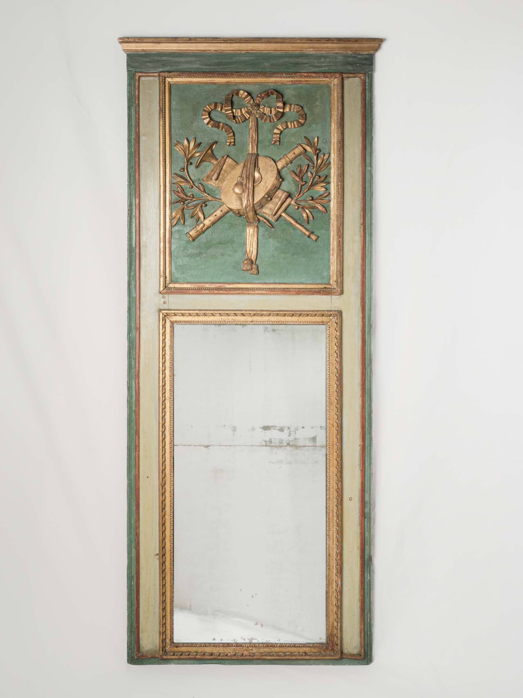 Tall Provençal Louis XVI Period Trumeau Mirror w/ Original Green Lacquer - 77½" x 31"