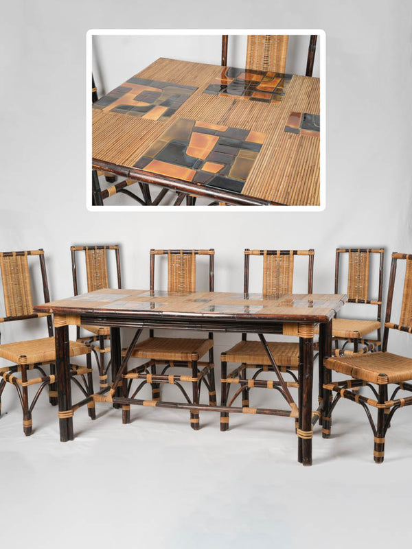 1970s French artisanal dining table & 6 chairs - Côte d'Azur, bamboo & tile