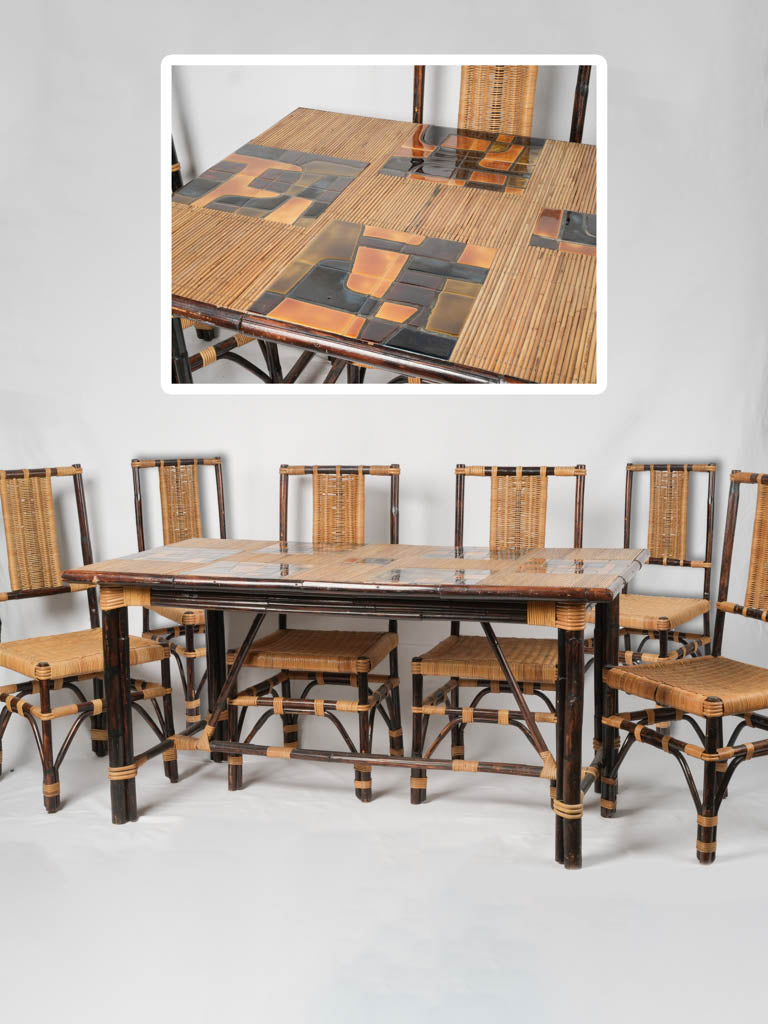 1970s French artisanal dining table & 6 chairs - Côte d'Azur, bamboo & tile