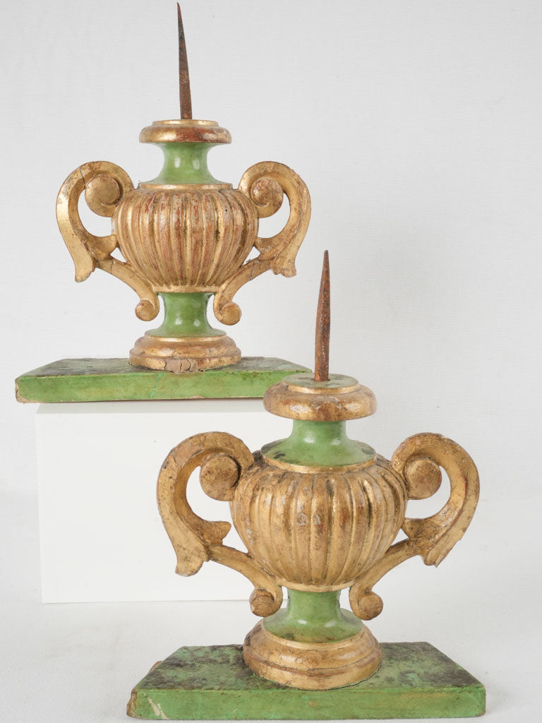 Carved Italian Green & Gold Candlesticks