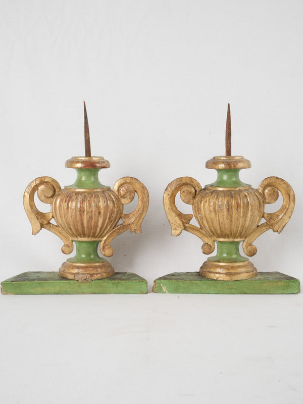 Pair of small 19th-century boiserie candlesticks - green & gold