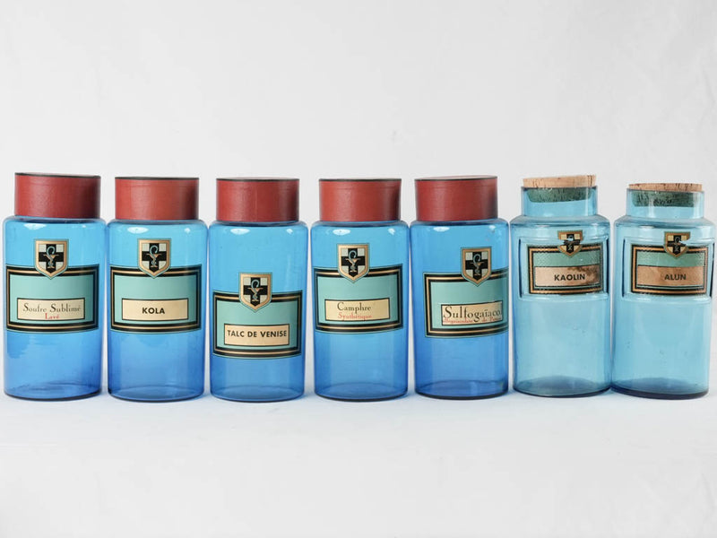 Collection of 7 blue glass French apothecary jars 9½"