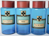 Collection of 7 blue glass French apothecary jars 9½"