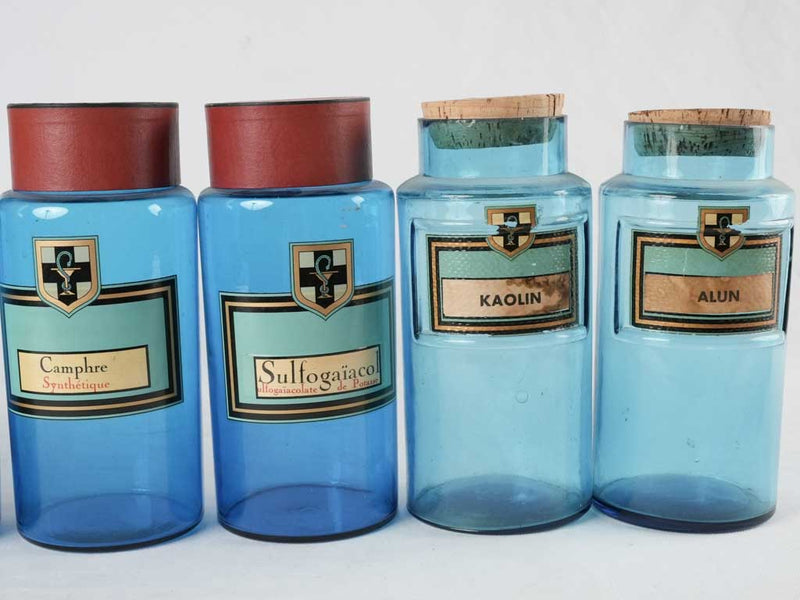 Collection of 7 blue glass French apothecary jars 9½"