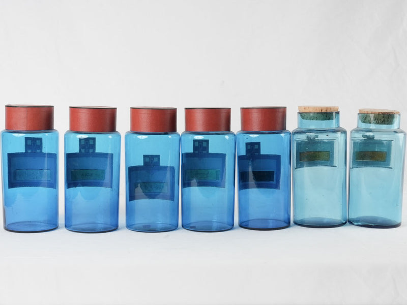 Collection of 7 blue glass French apothecary jars 9½"