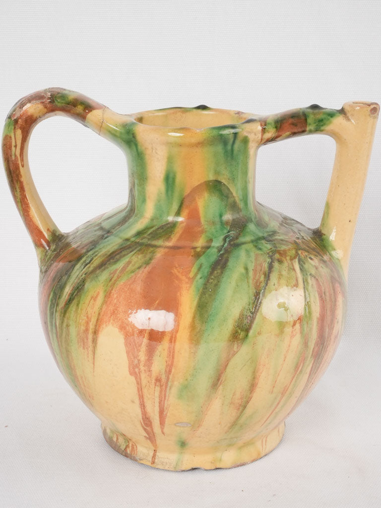 Antique French water pitcher - green / yellow & brown 9½"