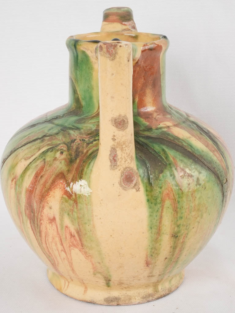 Antique French water pitcher - green / yellow & brown 9½"
